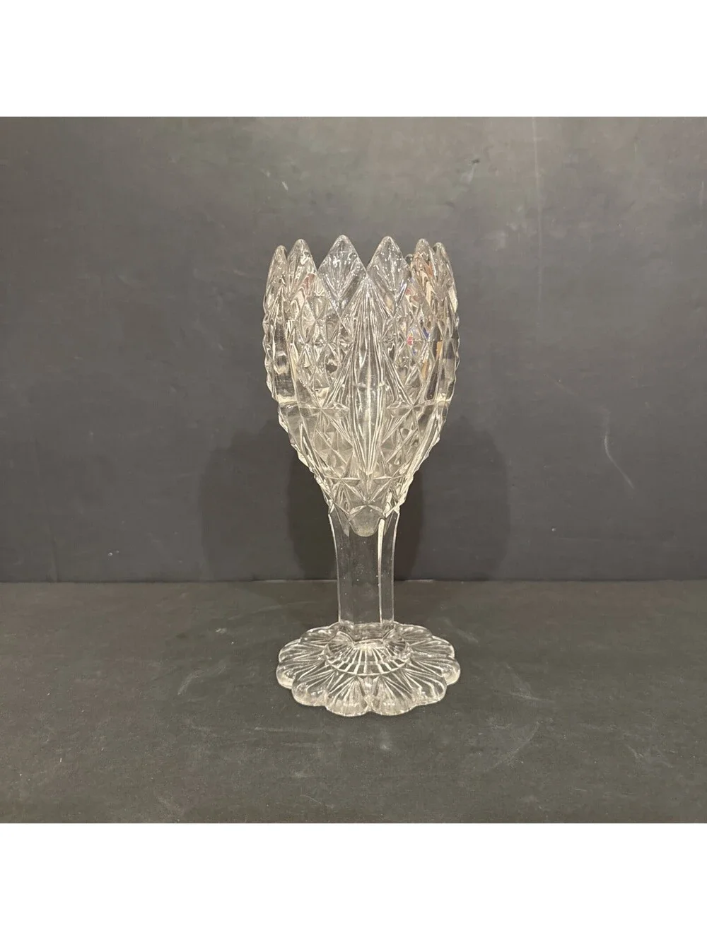 EAPG Clear Cut Glass Vase / Bouquet Pedestal Vase Very Detailed 8.75” H By 4” W